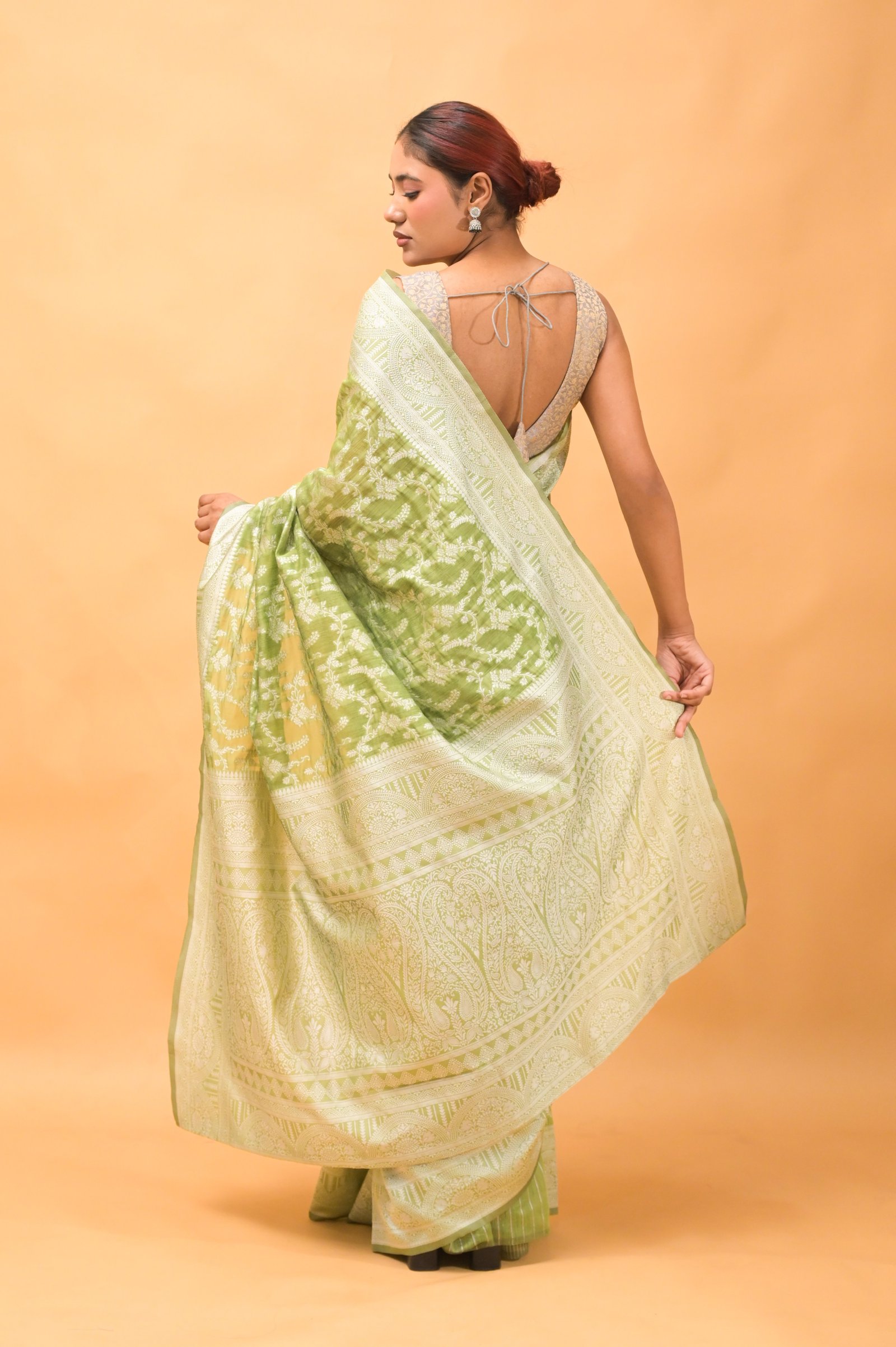 Leaf Jaal Olive Green Pure Cotton Saree With Strip Blouse